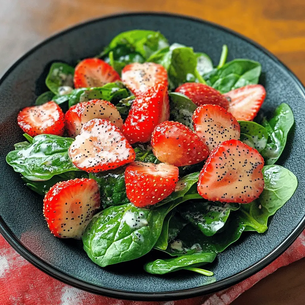 Brighten your meal with this Spinach Strawberry Salad topped with a delicious balsamic poppy seed dressing! Fresh spinach and juicy strawberries combine for a delightful mix of flavors and textures. Perfect for picnics, lunch, or as a side at dinner. Save this recipe for a refreshing dish anytime you need a healthy boost!