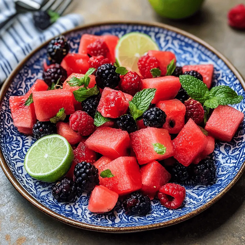 Brighten your day with this refreshing Watermelon Fruit Salad featuring juicy berries and a zesty lime dressing. Bursting with flavors, it's the perfect summer treat for picnics, barbecues, or casual get-togethers. Save this easy recipe for a healthy snack that's sure to impress everyone!