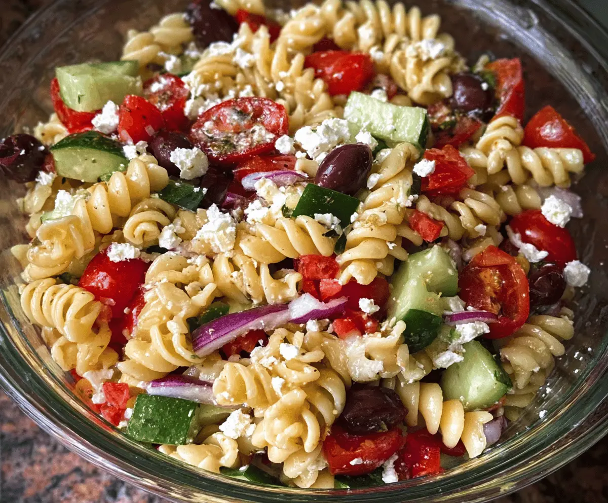 Easy Greek Pasta Salad Recipe with Feta and Veggies