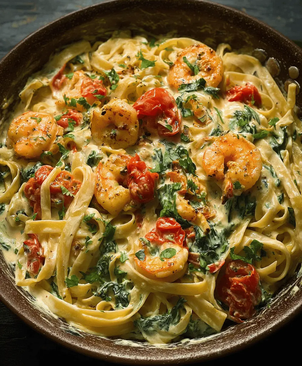 Creamy Fettuccine with Shrimp, Tomatoes & Spinach