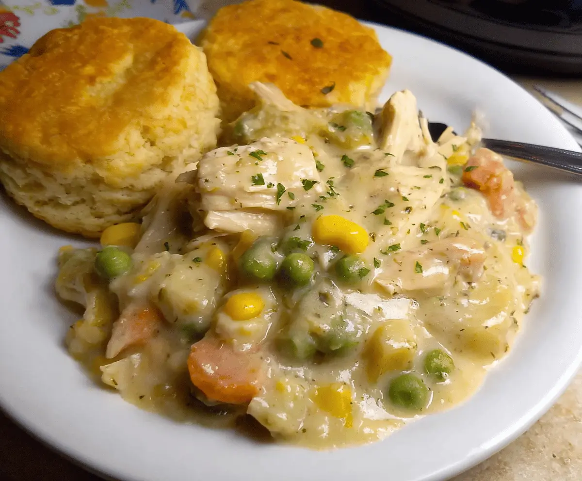 Easy Crock Pot Chicken Pot Pie with Biscuit Topping