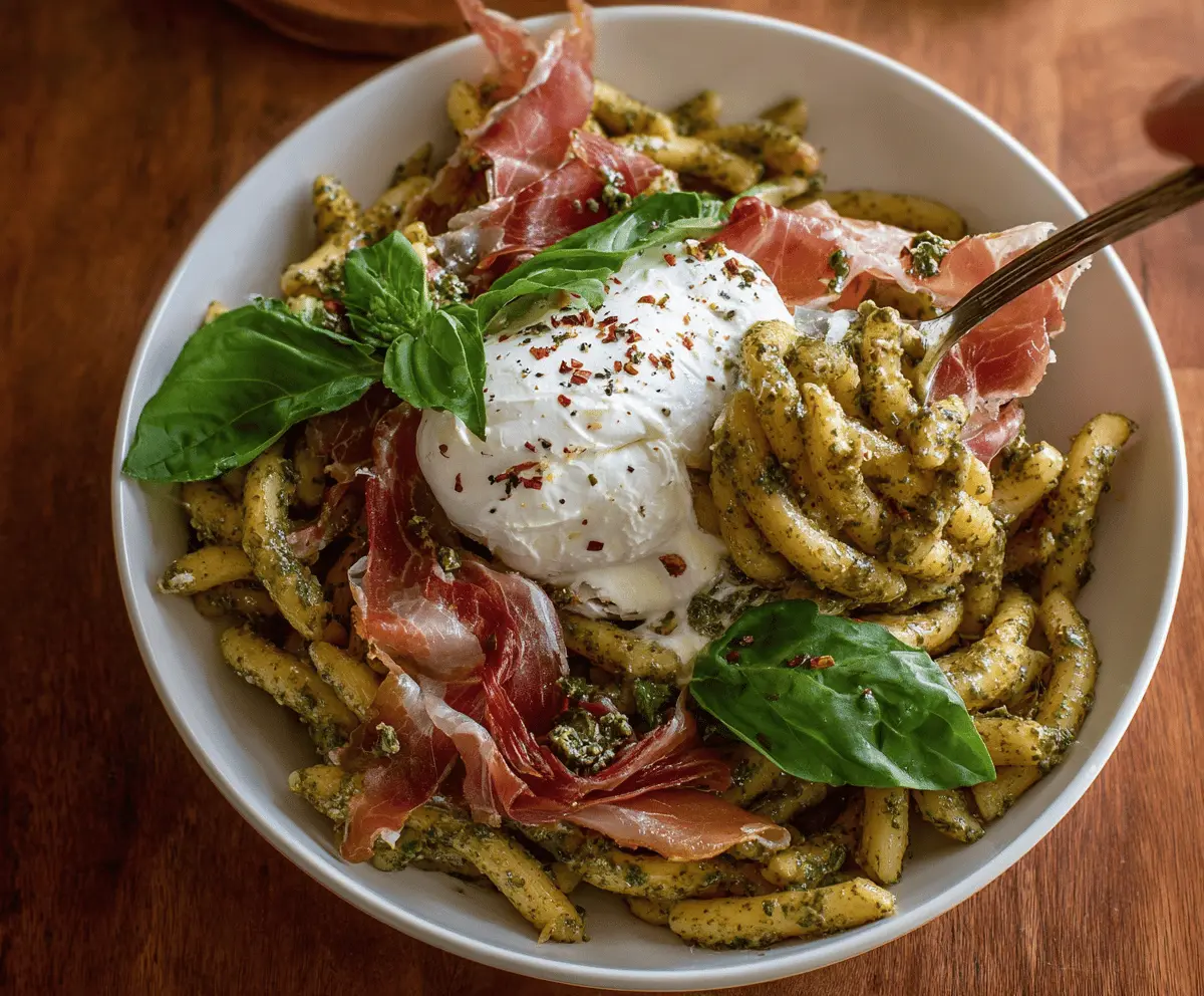 Creamy Basil Garlic Pasta with Prosciutto and Burrata