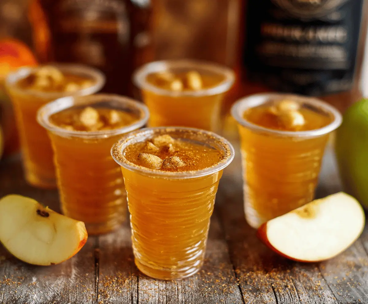 Delicious Apple Cider Bourbon Shots served in shot glasses, perfect for fall celebrations and parties.