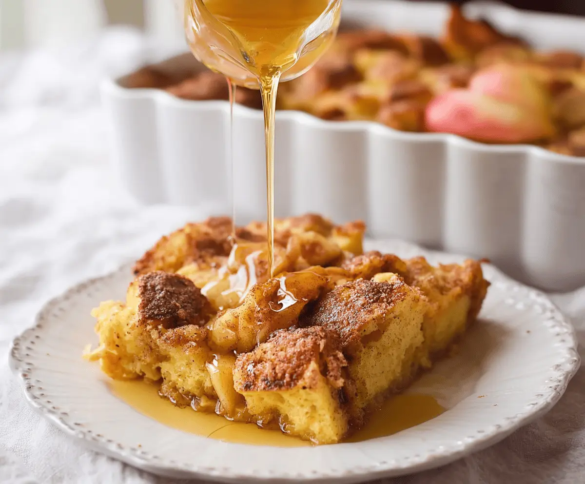 Delicious Apple French Toast Casserole topped with caramelized apples and powdered sugar, ready to serve as a cozy breakfast or brunch dish.