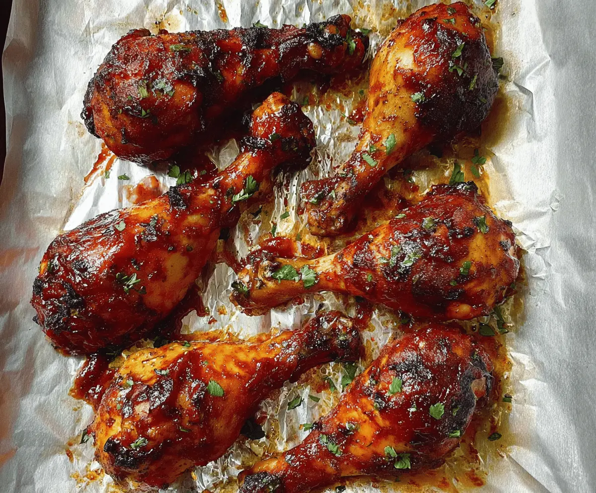 Juicy baked BBQ chicken drumsticks with crispy skin served on a plate, perfect for a delicious family meal