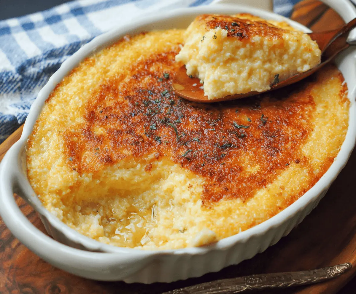 Creamy baked Gouda cheese grits topped with melted cheese and fresh herbs, served as a savory Southern side dish
