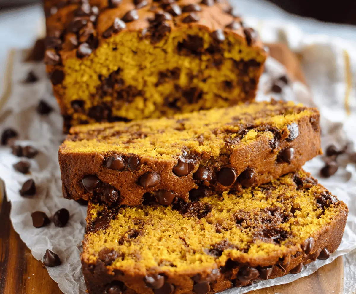 Delicious homemade chocolate chip pumpkin bread topped with chocolate chips and walnuts, perfect for fall baking
