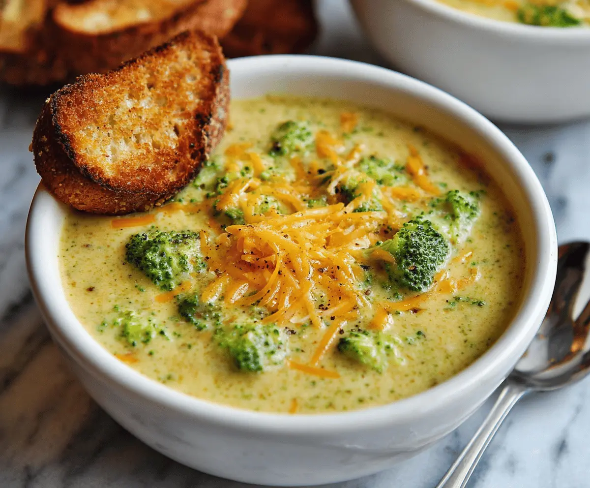Creamy broccoli cheddar soup in a bowl topped with shredded cheese and fresh broccoli florets, perfect for a comforting meal.