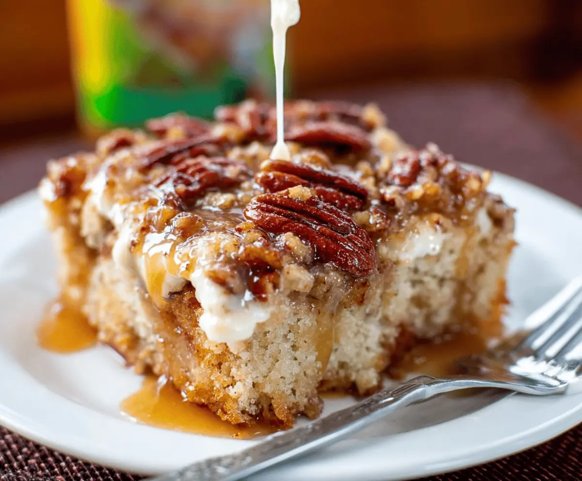 Delicious Butter Pecan Praline Poke Cake topped with pecans and caramel glaze, perfect for dessert lovers