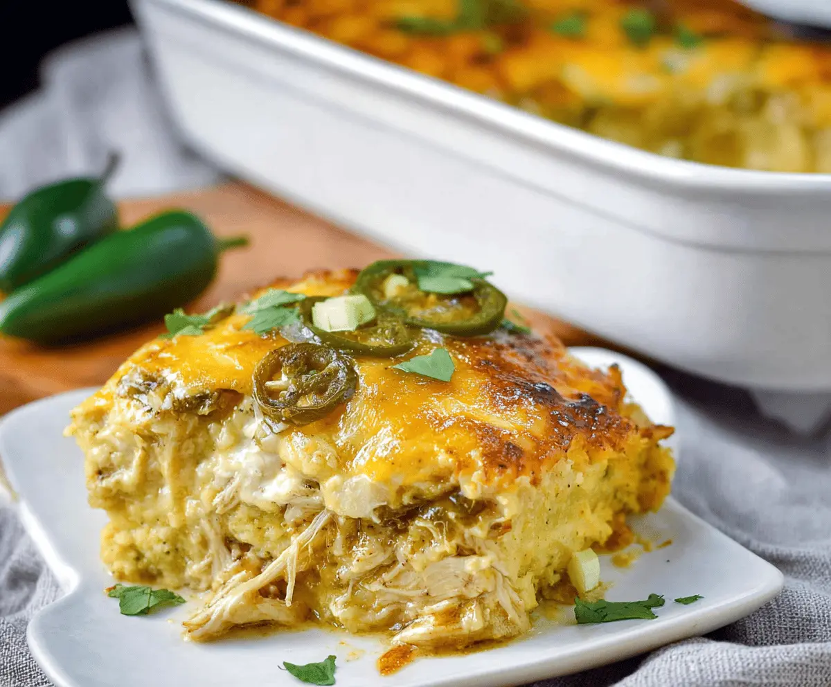 Delicious Chile Verde Chicken Tamale Casserole topped with melted cheese and garnished with fresh cilantro, ready to serve