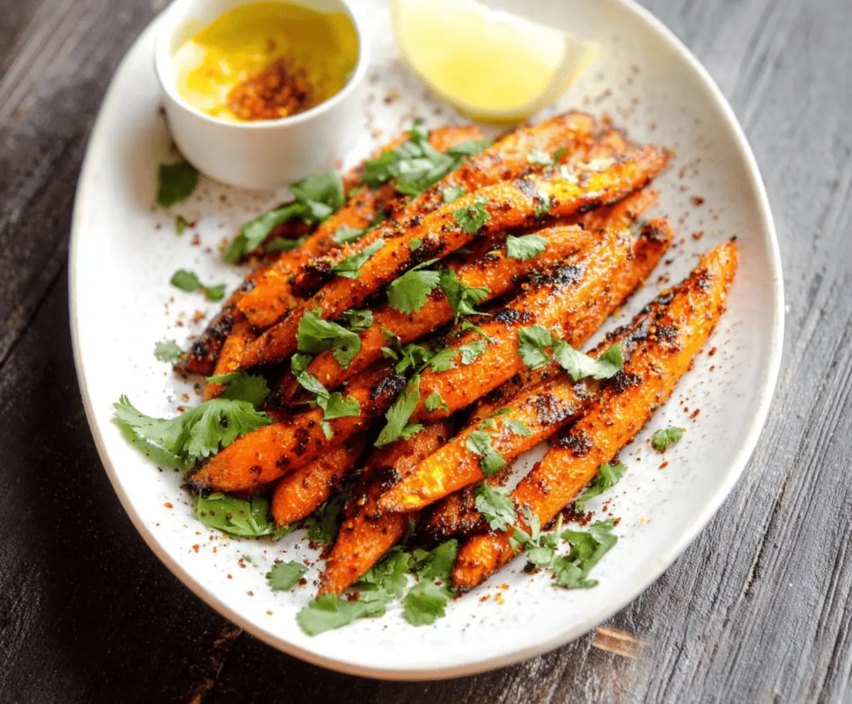 Vivid image of spicy roasted carrots glazed with chili, garnished with fresh herbs, perfect for a flavorful appetizer or side dish