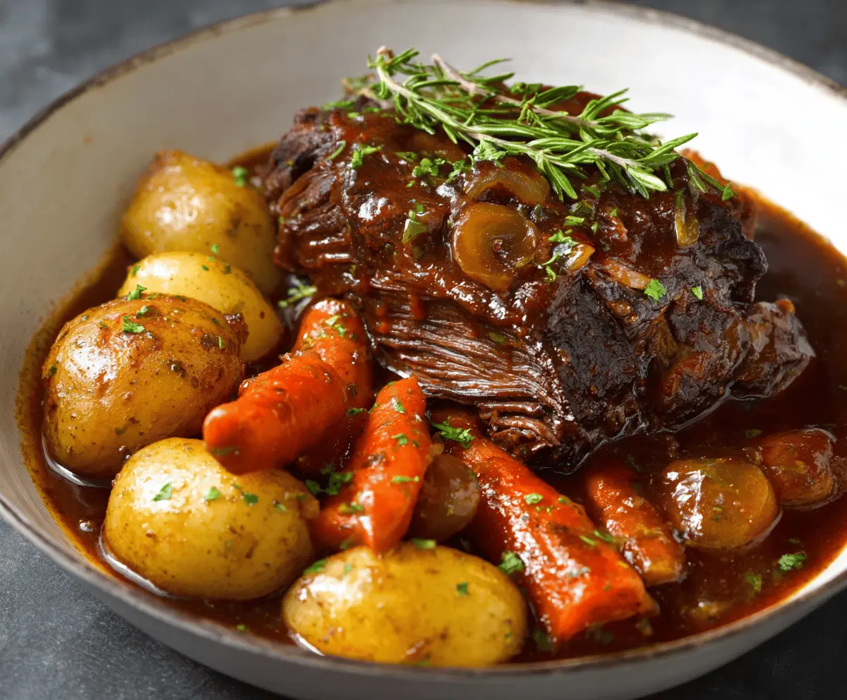 A delicious classic pot roast with tender beef, roasted vegetables, and rich gravy served on a white plate.