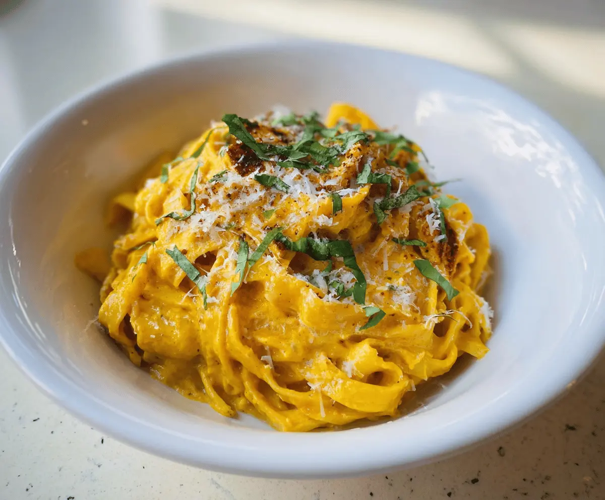 Creamy pumpkin fettuccine pasta dish garnished with herbs, served on a white plate, perfect for fall-inspired vegetarian meals