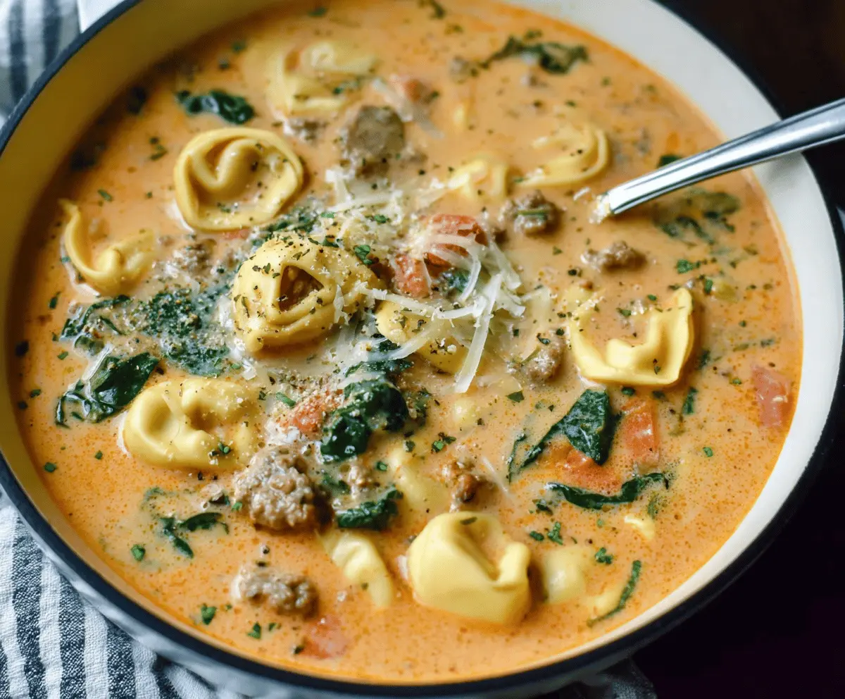 Creamy sausage tortellini soup in a bowl topped with fresh herbs and grated cheese, showcasing a hearty and flavorful Italian-inspired meal.