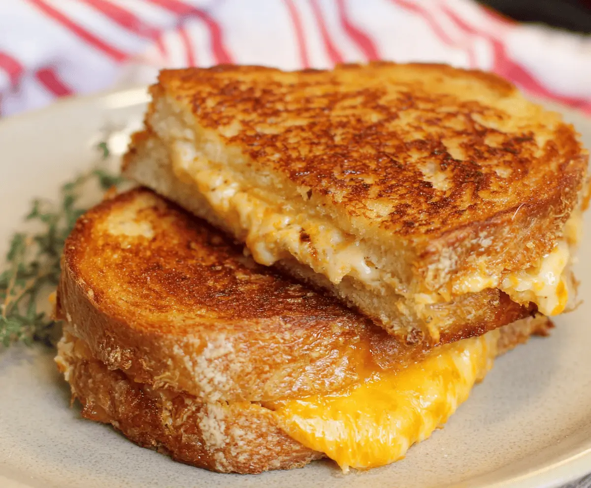 Golden, crispy air fryer grilled cheese sandwich with melted cheese on toasted bread, perfect for a quick and easy meal.