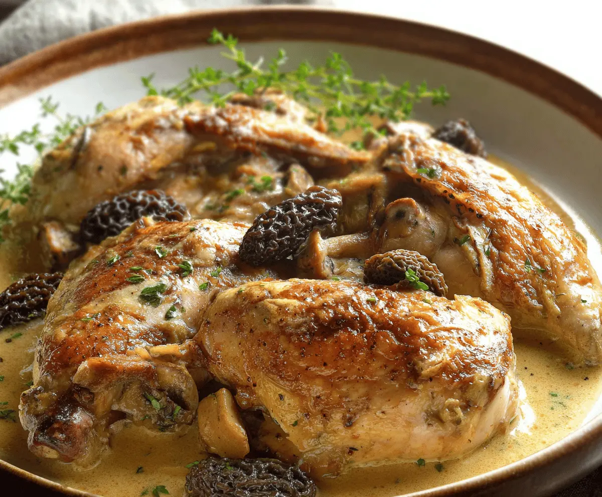 Delicious fricassee chicken with fresh morels and a glass of white wine, served on a rustic plate with herbs