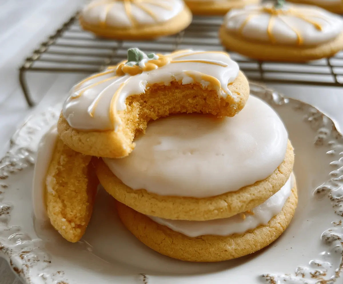 Decorative glazed pumpkin sugar cookies with orange and white icing, perfect for fall baking and Halloween celebrations