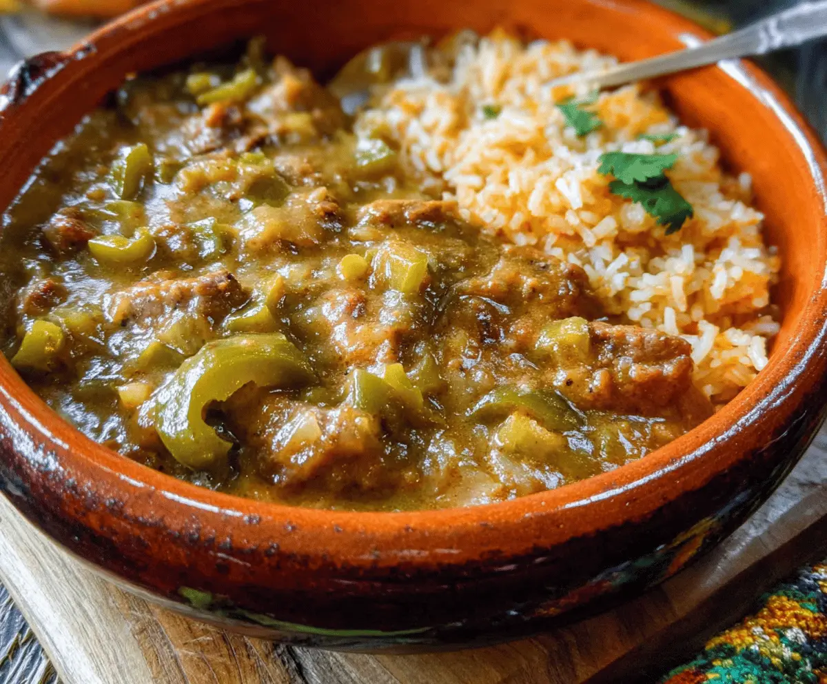 A delicious plate featuring Grandma's homemade Chili Verde topped with fresh herbs alongside flavorful Spanish Rice garnished with chopped vegetables.