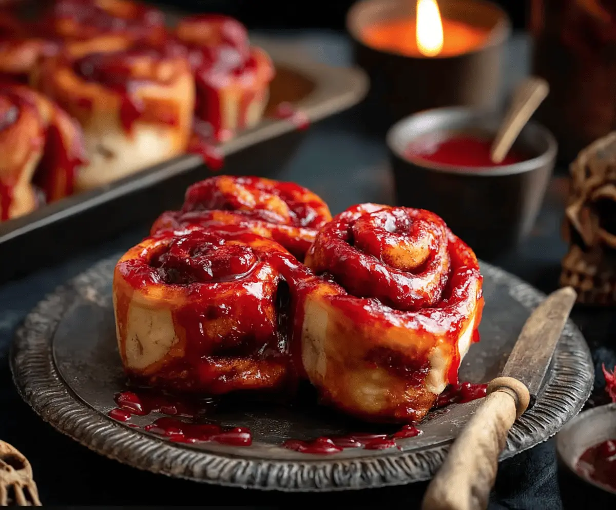 Spooky Halloween Bloody Cinnamon Rolls with red icing and creepy decorations for a festive treat