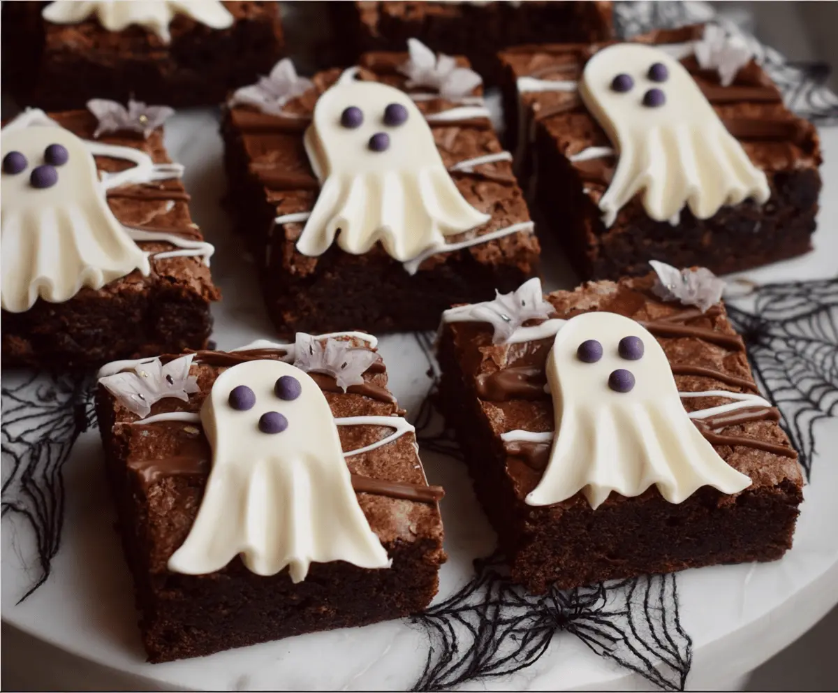 Delicious Halloween ghost brownie treats with white icing eyes and spooky faces on a festive fall table.