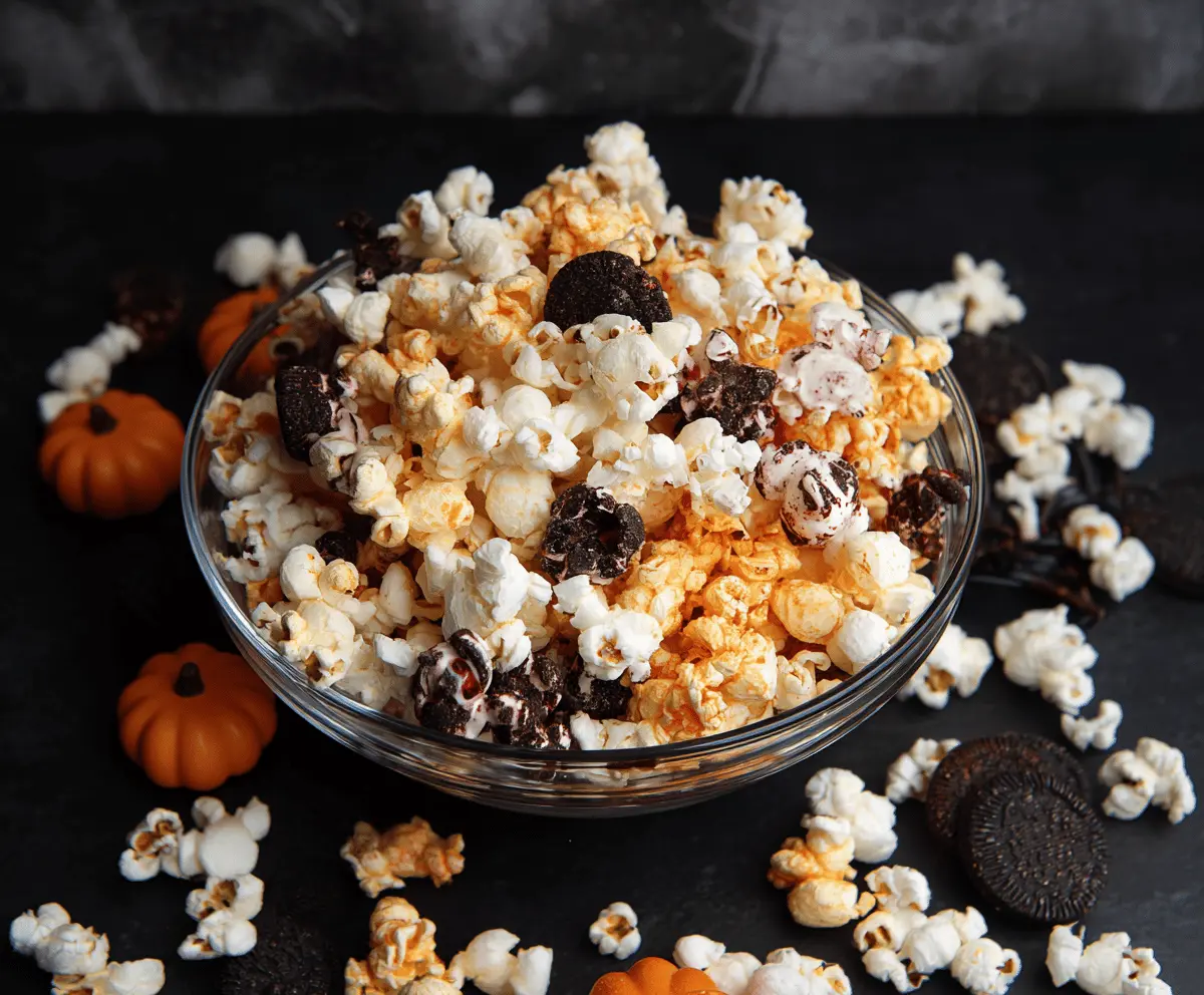 Festive Halloween popcorn with colorful toppings and spooky decorations for a fun holiday treat