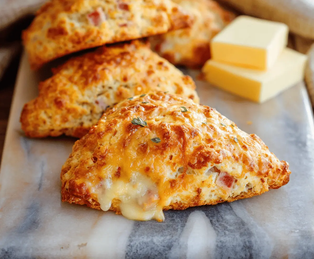 Delicious homemade ham and cheese scones fresh out of the oven, perfect for breakfast or snack time