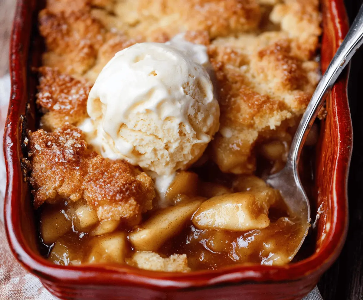 Delicious homemade apple cobbler topped with golden, flaky crust and cinnamon-spiced apple filling, served fresh out of the oven