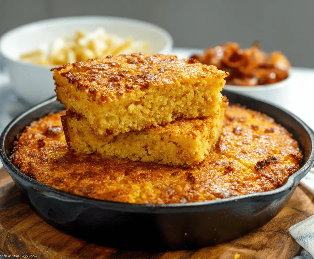 Golden homemade crackling cornbread with crispy crackling topping, served on a rustic wooden table