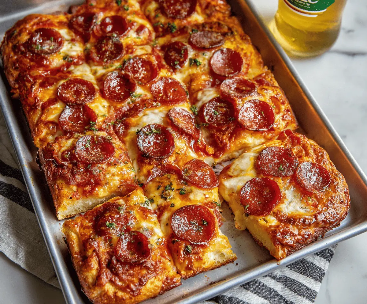 Delicious homemade sheet pan pizza topped with melted cheese, pepperoni, and fresh basil on a baking sheet