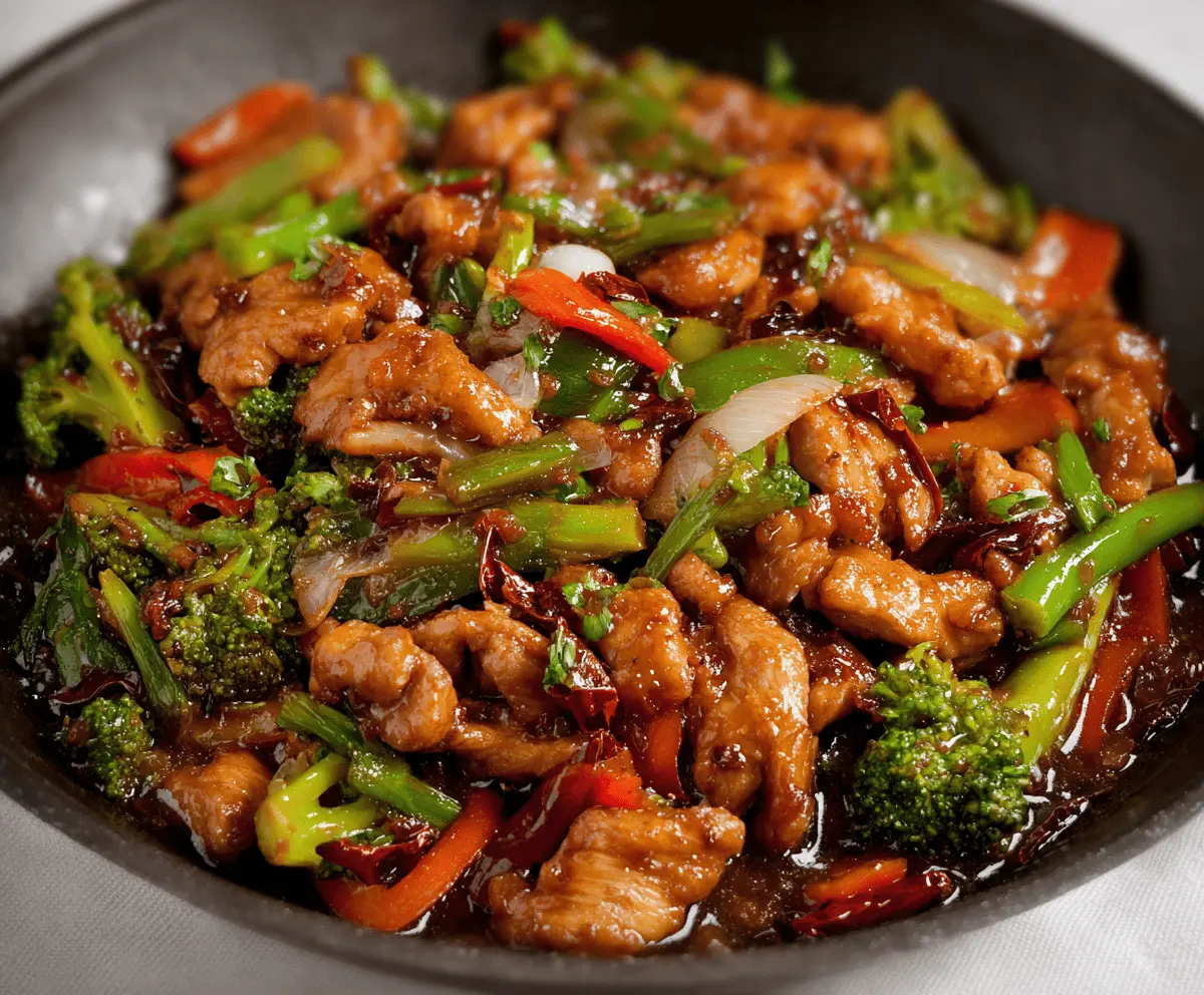 Delicious homemade Hunan Chicken recipe featuring tender chicken pieces stir-fried with colorful vegetables and bold, spicy Hunan sauce