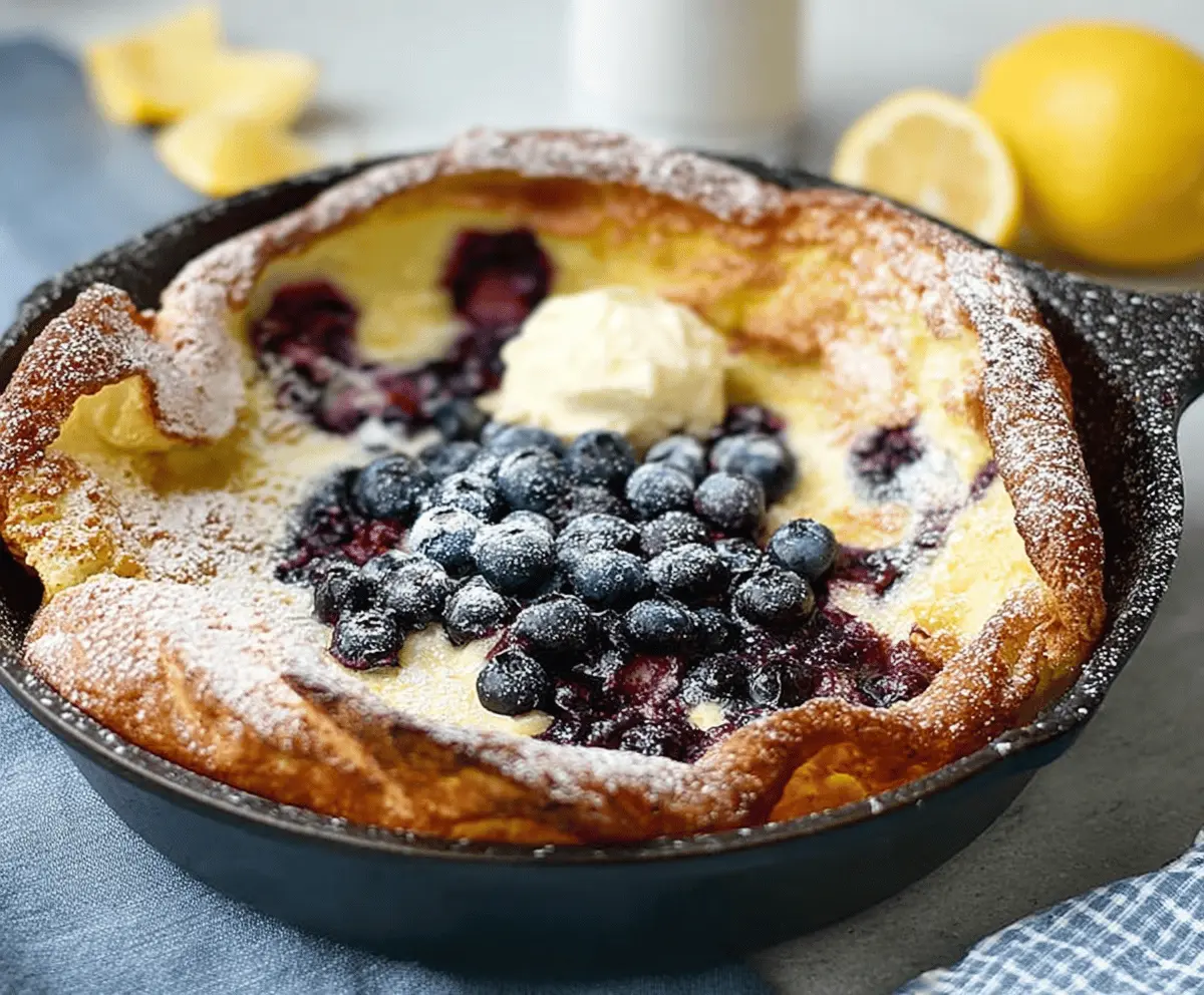 Delicious Lemon Blueberry Dutch Baby baked in a skillet, topped with fresh blueberries and lemon slices, serving six people.