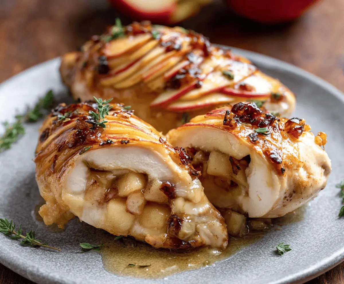 Juicy chicken breast stuffed with apple and Brie, glazed with maple syrup, garnished with fresh herbs, on a white plate for Maple Glazed Apple and Brie Stuffed Chicken recipe