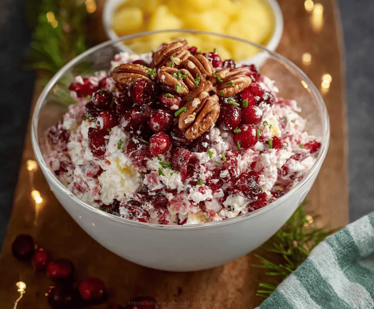 Creamy Millionaire Cranberry Salad topped with whipped cream and fresh cranberries, served in a glass bowl for a festive holiday dessert