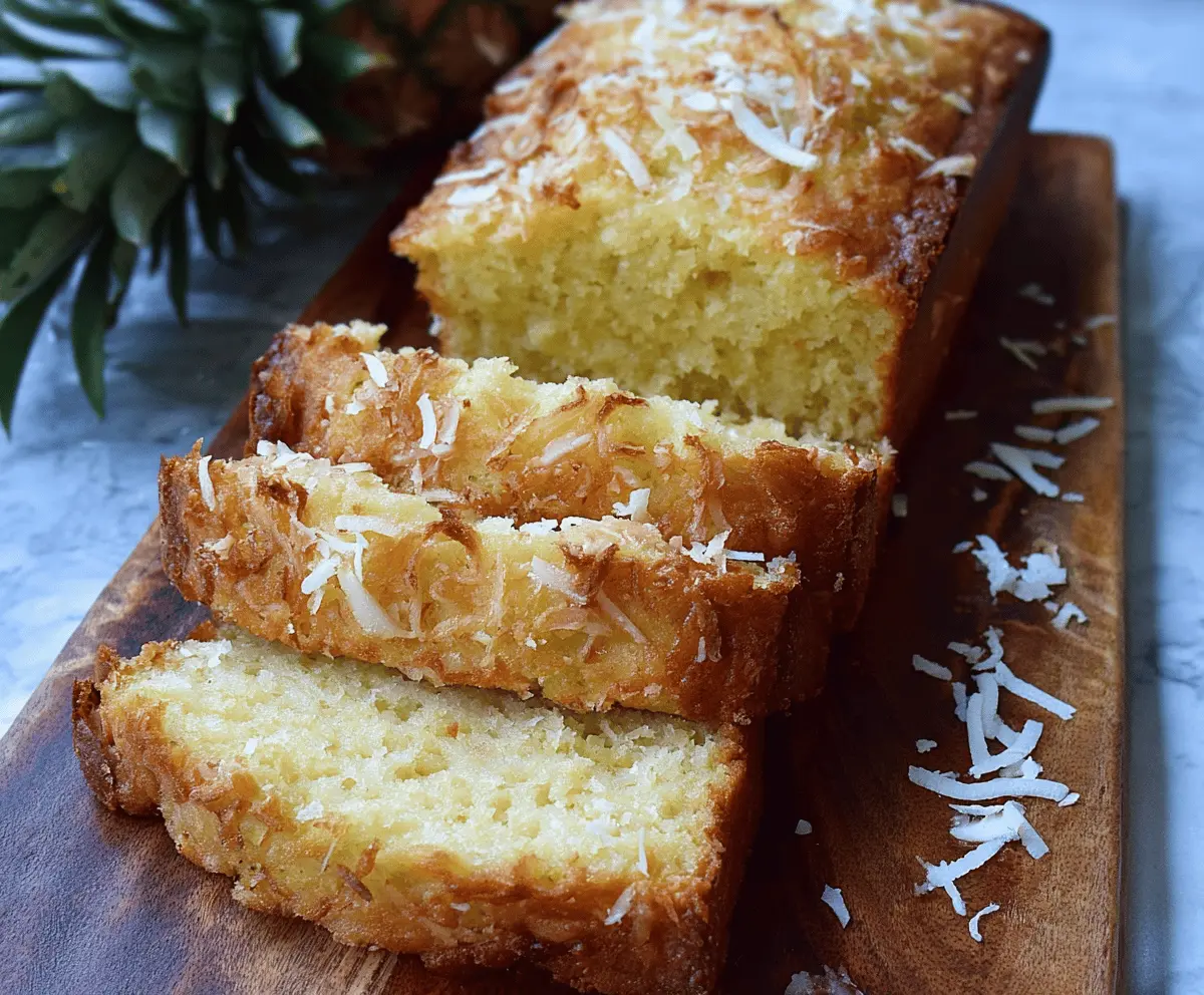 Delicious Pina Colada Quick Bread with pineapple chunks, coconut flakes, and a golden crust, perfect for a tropical-inspired dessert or snack.