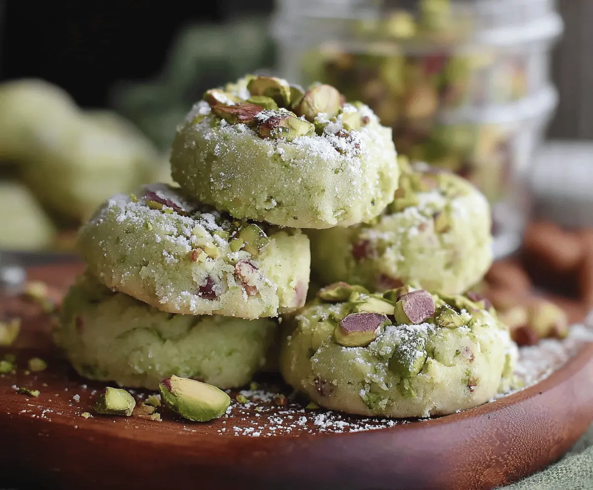 Delicious homemade pistachio wedding cookies with a golden brown exterior and crushed pistachio topping on a white plate, perfect for special occasions and festive celebrations.