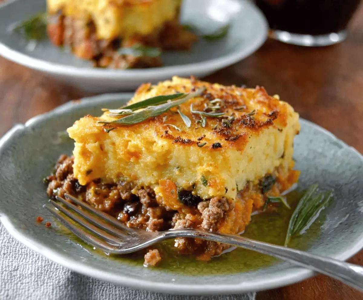 Delicious Pumpkin Shepherd’s Pie topped with mashed pumpkin and crispy herbs, served in a rustic baking dish