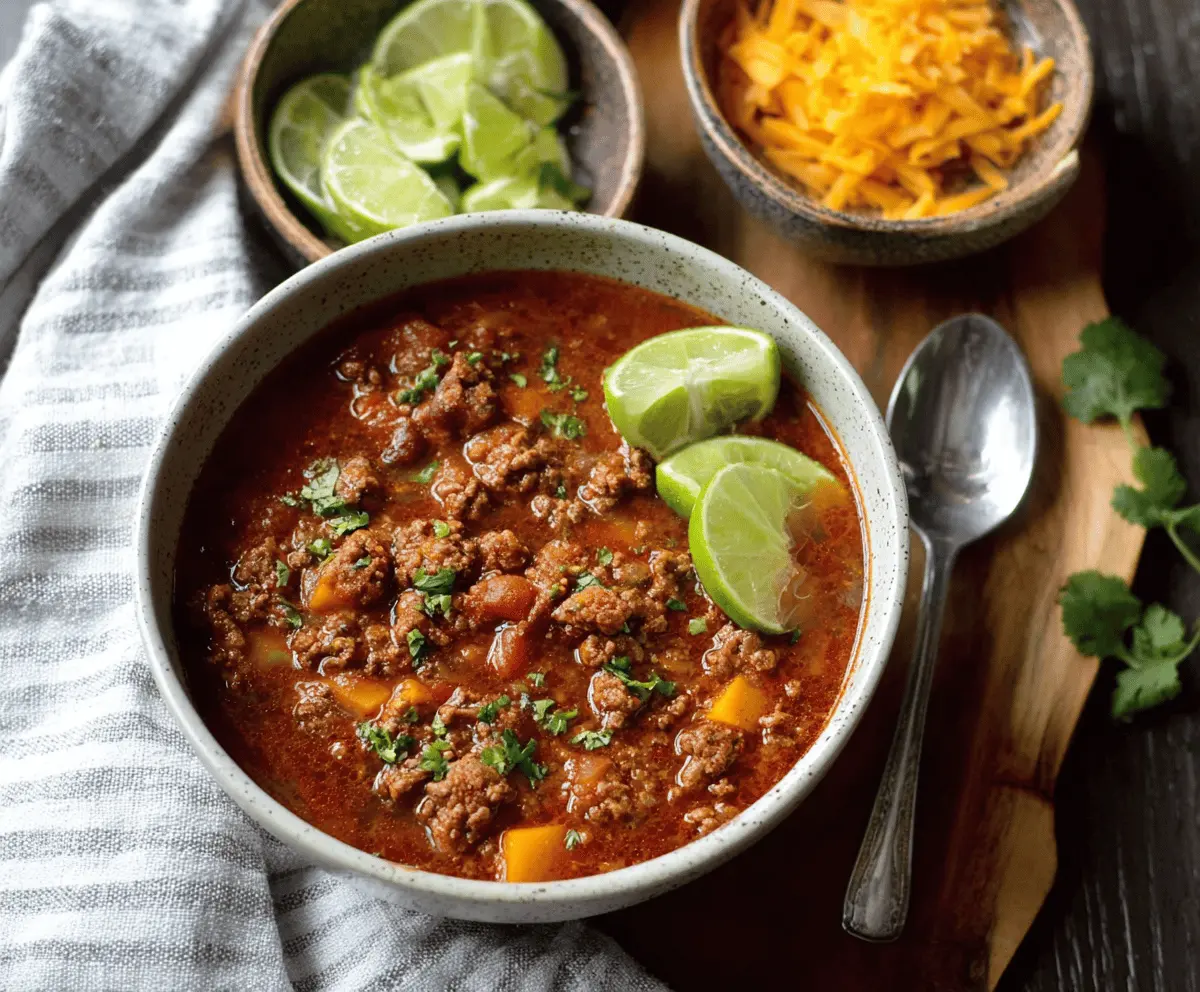 A steaming bowl of smoky chipotle chili topped with fresh herbs and served with bread, highlighting a hearty, spicy meal perfect for chilly days.
