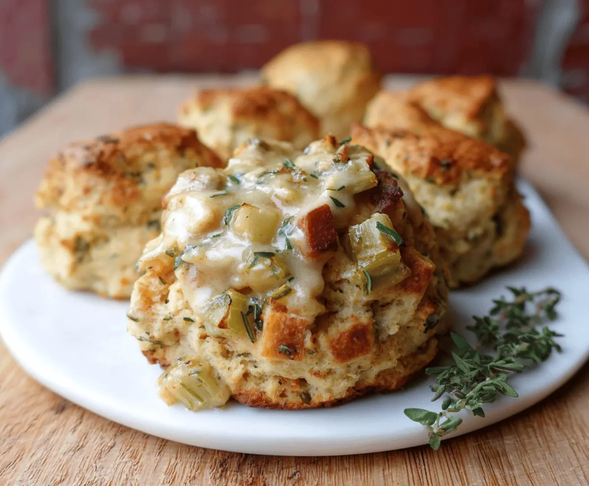 Golden, flaky biscuit topped with savory stuffing mixture, perfect for holiday dinners and comfort food recipes.