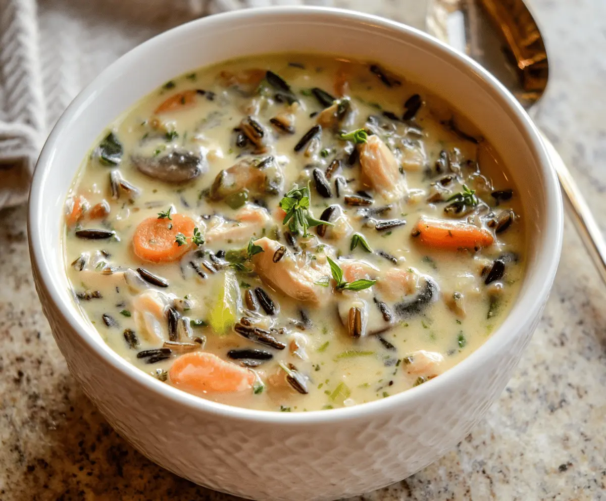 Creamy wild rice soup in a bowl garnished with fresh herbs, featuring a rich, hearty texture and colorful vegetables for a comforting, delicious meal.