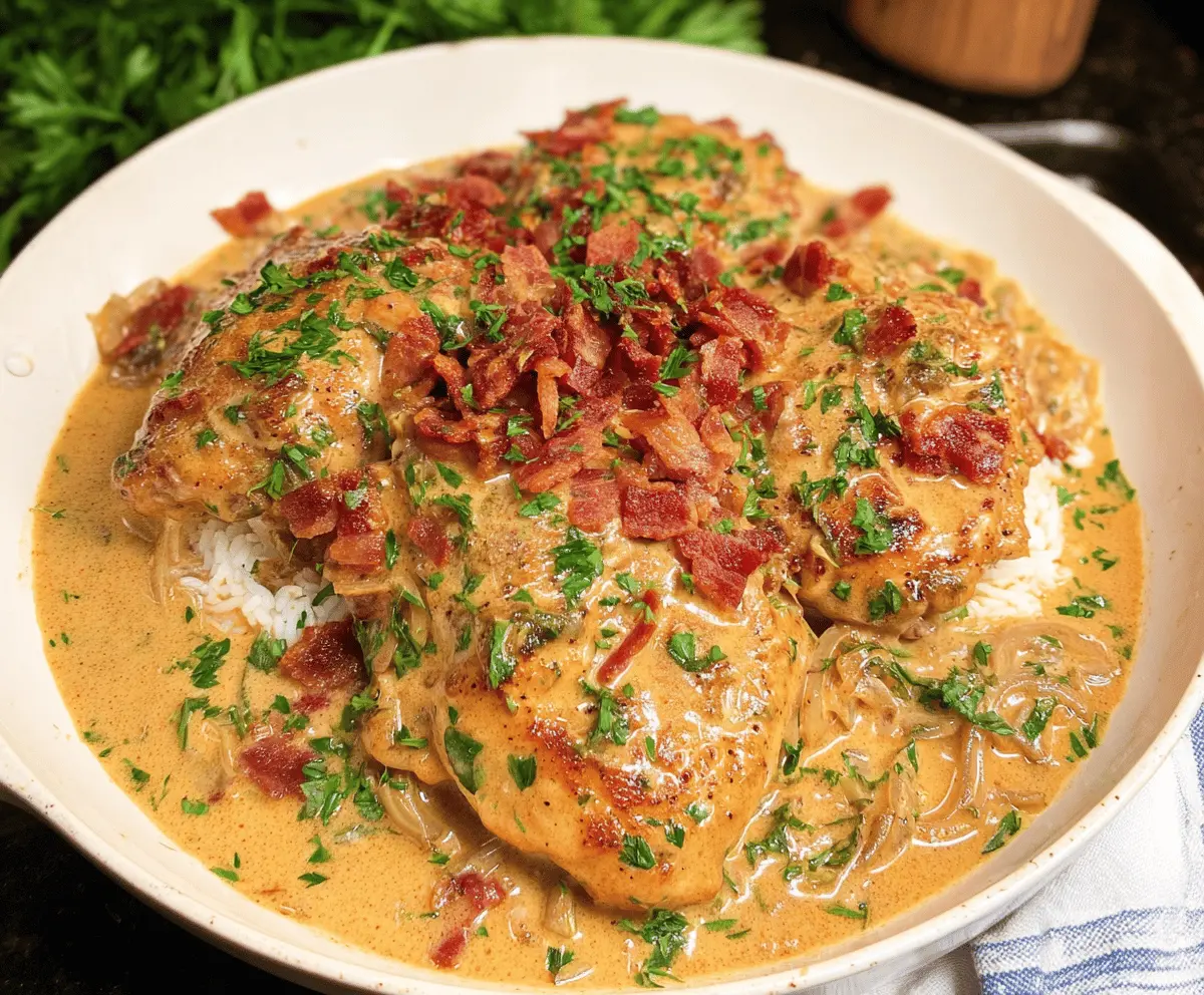 Delicious smothered chicken topped with gravy and herbs, served with mashed potatoes and vegetables, perfect for a hearty homemade meal.