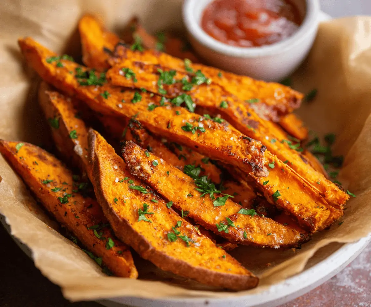 Crispy golden air fryer sweet potato fries served with a side of dipping sauce on a white plate