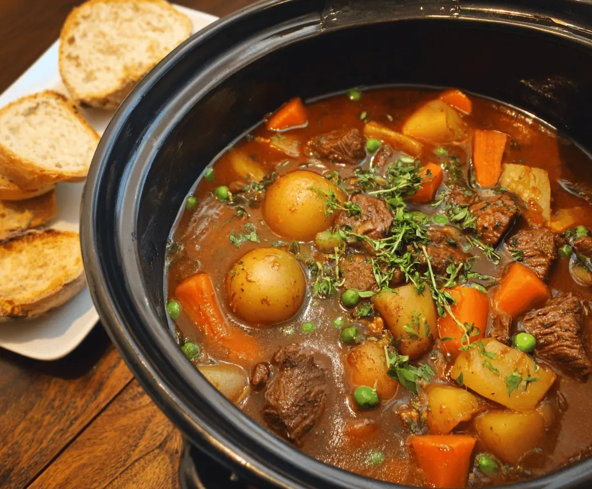 Hearty bison stew with tender meat, vegetables, and savory broth in a rustic bowl