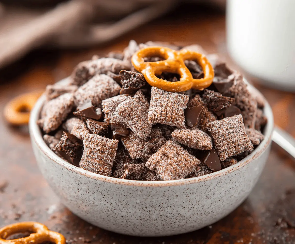 Delicious brownie batter puppy chow in a bowl, featuring powdered sugar-coated cereal with chocolate and brownie flavors for a sweet, indulgent treat