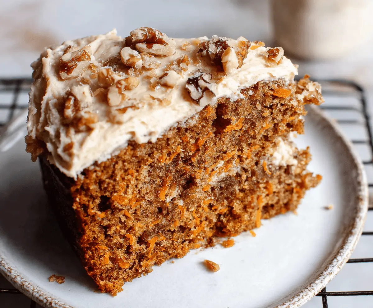 Delicious Carrot Date Spice Cake topped with cream cheese frosting and garnished with chopped nuts and grated carrots, perfect for dessert or special occasions.