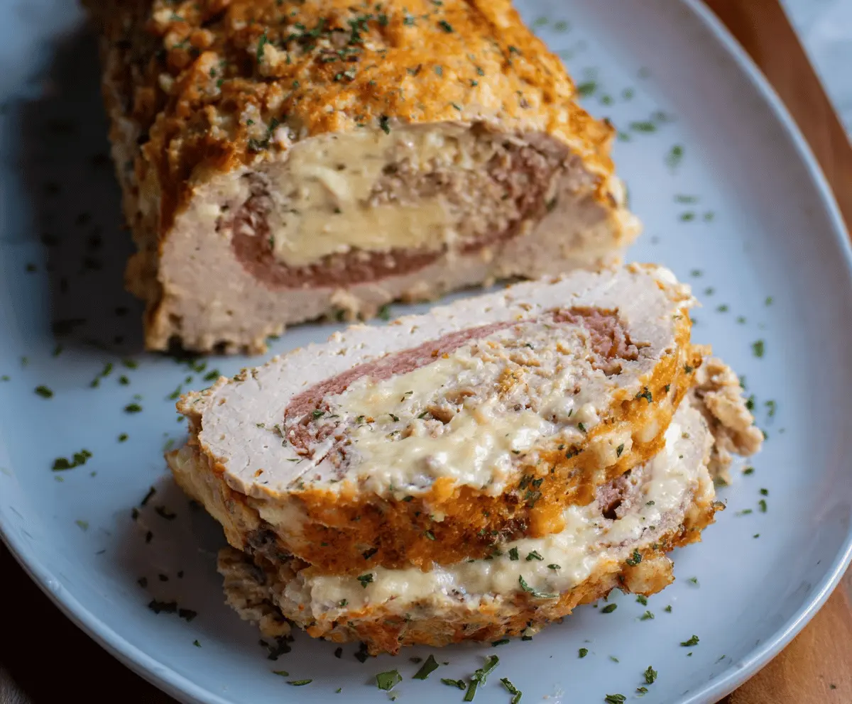 Delicious Chicken Cordon Bleu Meatloaf garnished with fresh herbs on a rustic wooden serving platter