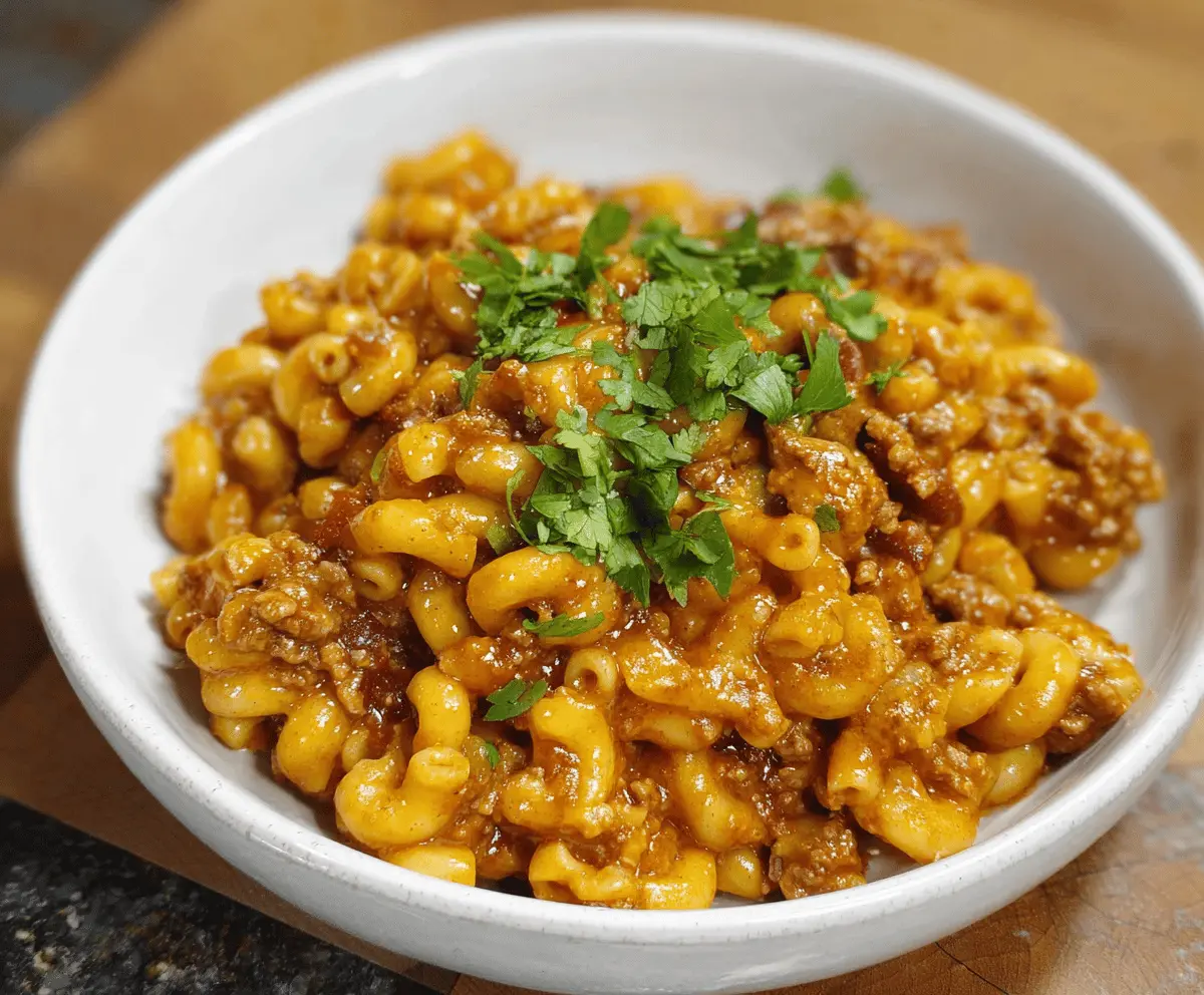 Delicious homemade chili mac with melted cheese, ground beef, and spicy tomato sauce served in a bowl