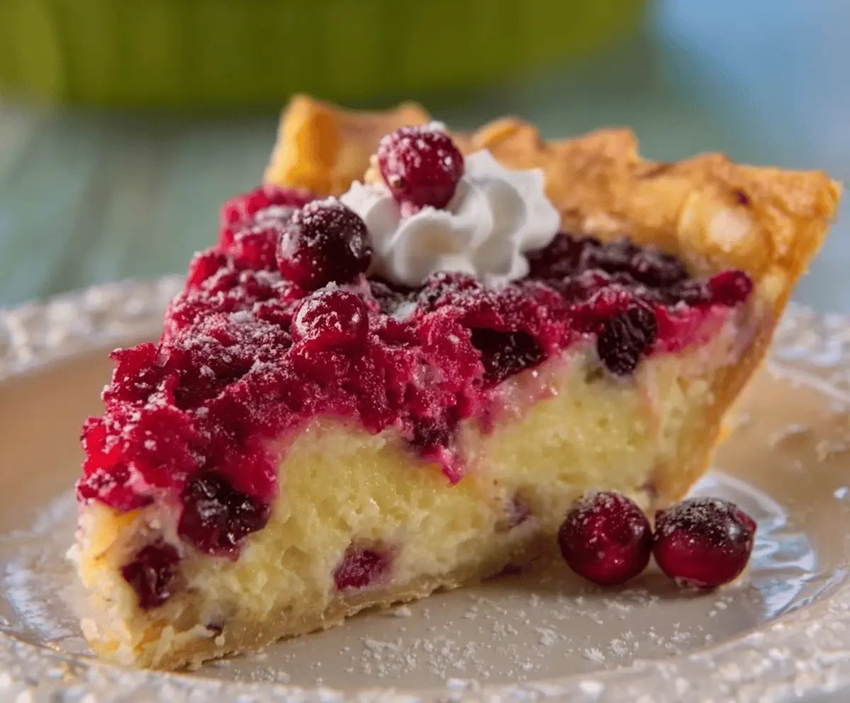 Delicious cranberry custard pie with a golden crust and vibrant red cranberries on top.