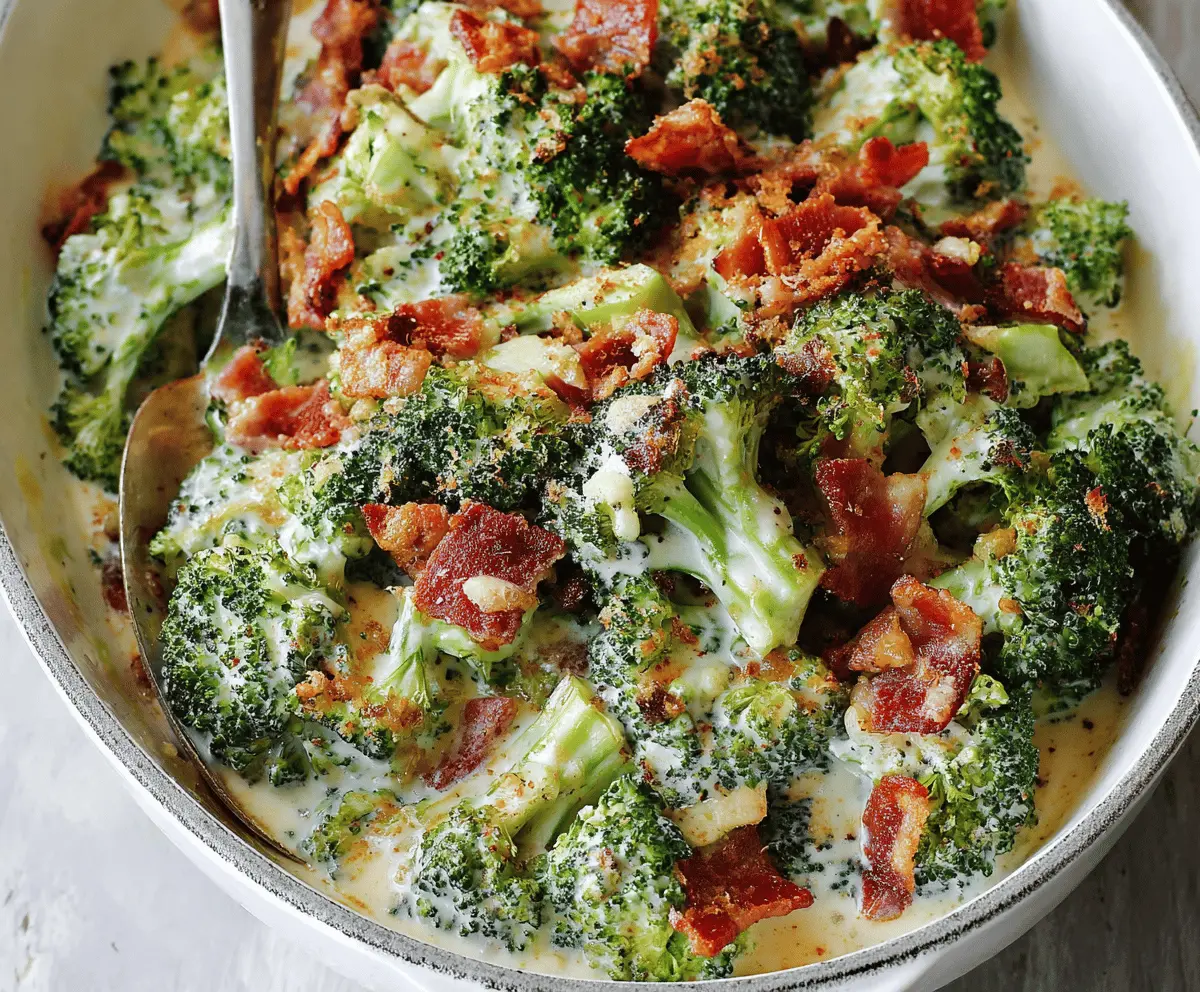 Creamy garlic parmesan broccoli topped with crispy bacon served on a white plate, highlighting a delicious side dish recipe