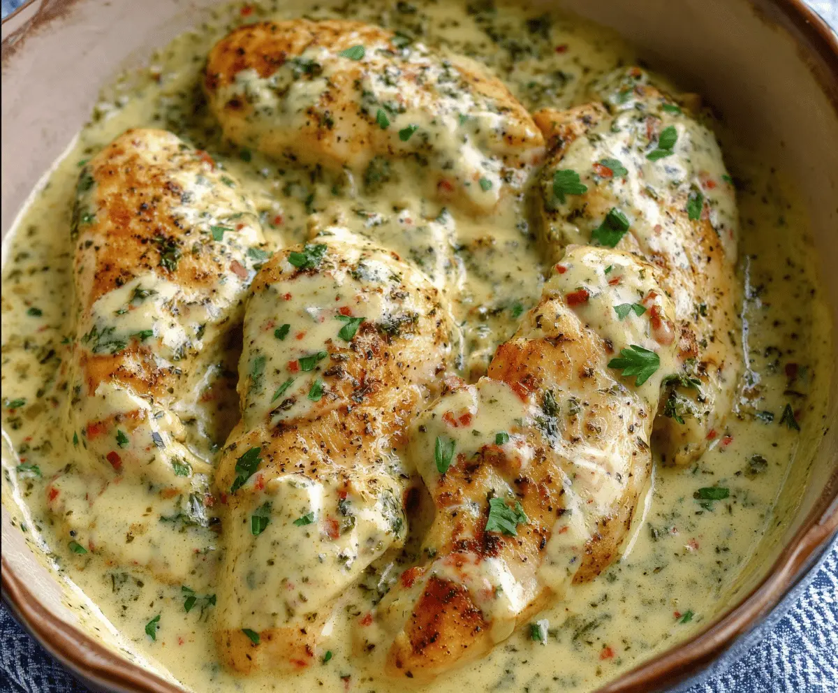 Delicious creamy ranch chicken served with fresh herbs and vegetables on a white plate.
