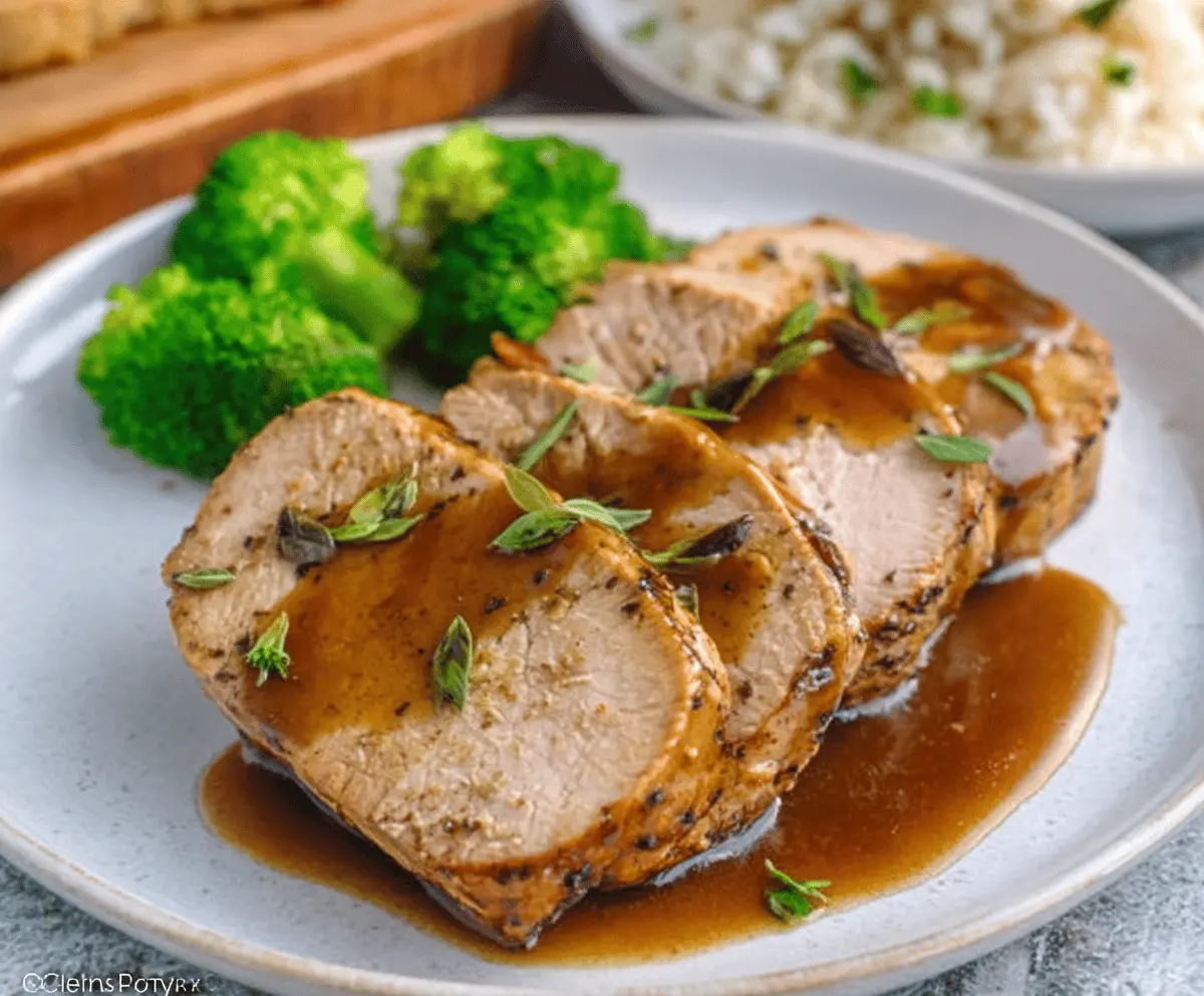 Delicious Crock Pot Pork Loin with creamy gravy served on a plate